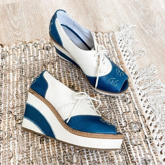 Pilcro and the Letterpress Shoes - Pilcro and the Letterpress Blue White Wedge Oxfords Size 9.5